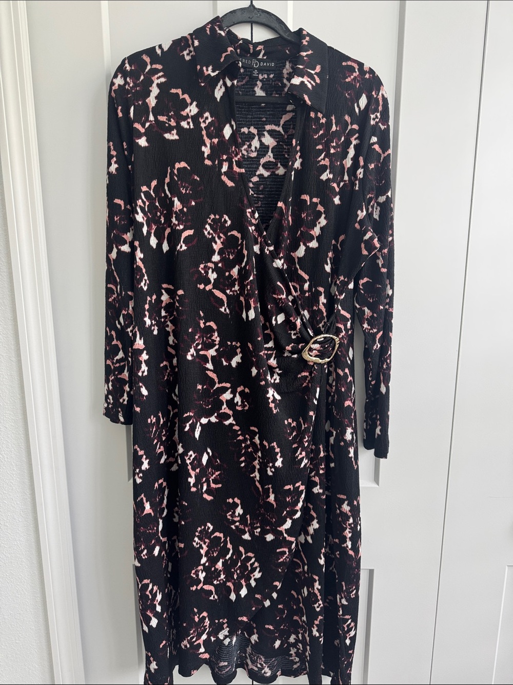 Fred David Black & Pink Floral Wrap Dress with Buckle